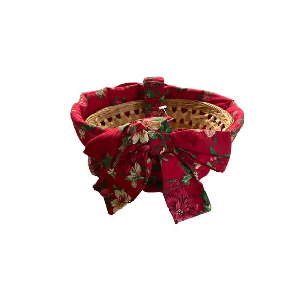 Handmade Wicker Basket Red Poinsettia Fabric Liner Holiday Christmas Floral Deco - Picture 2 of 7